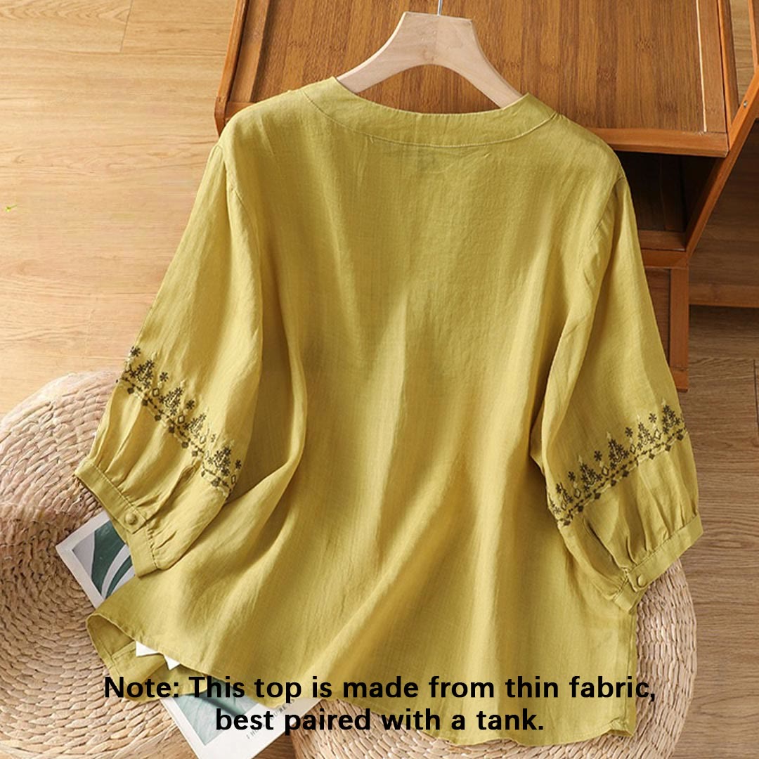 Koszula damska z okrągłym dekoltem i symetrycznym haftem z motywem Buddha Stones z bawełny - image 17