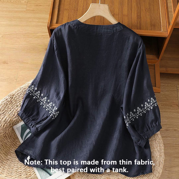 Koszula damska z okrągłym dekoltem i symetrycznym haftem z motywem Buddha Stones z bawełny - image 2