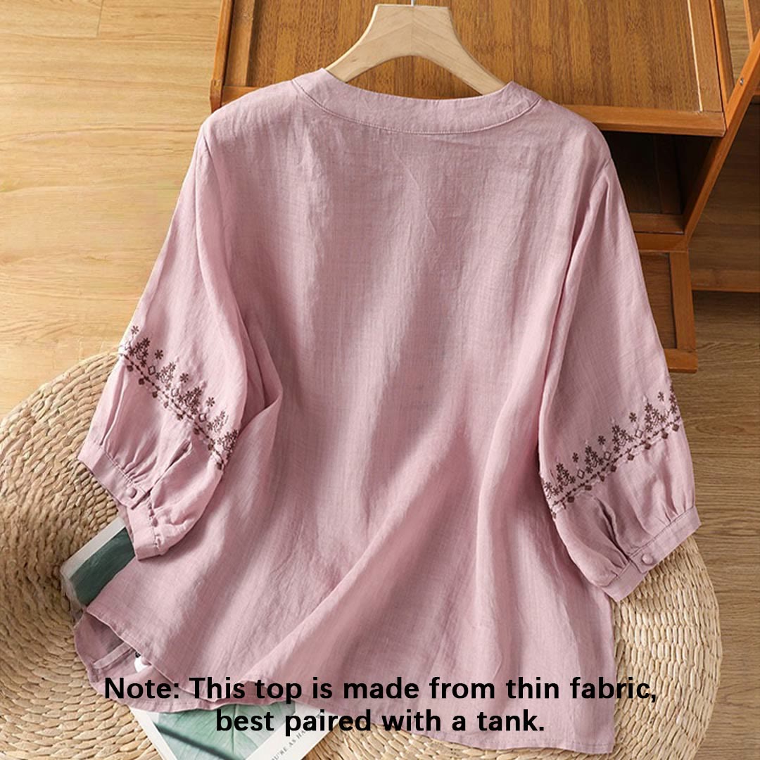 Koszula damska z okrągłym dekoltem i symetrycznym haftem z motywem Buddha Stones z bawełny - image 8