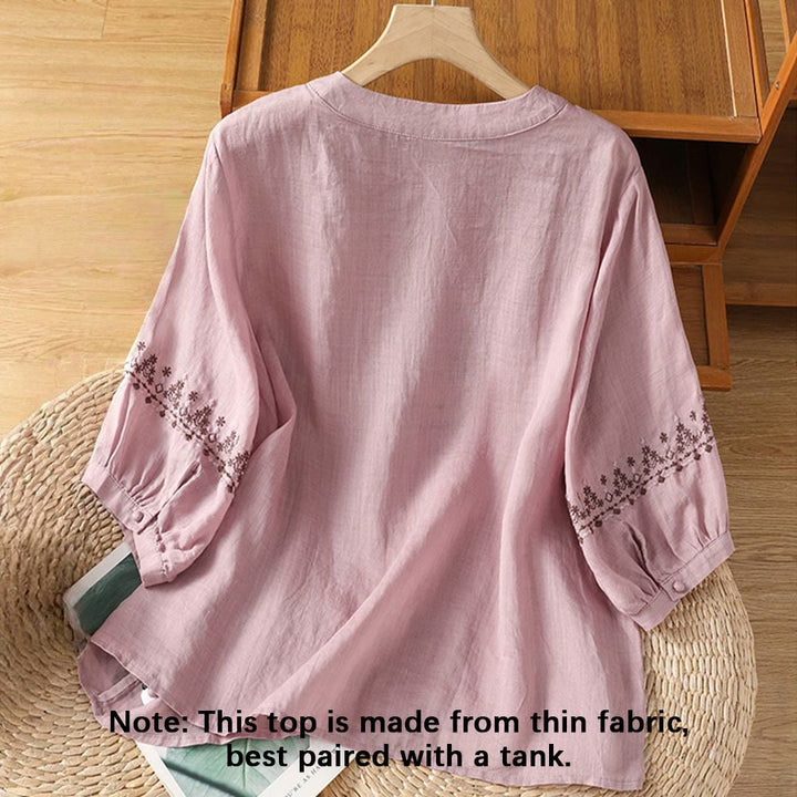 Koszula damska z okrągłym dekoltem i symetrycznym haftem z motywem Buddha Stones z bawełny - image 8