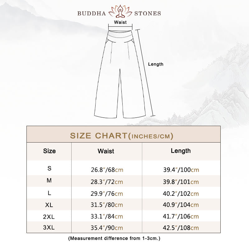 Buddha Stones Spodnie z wysokim stanem, szeroką nogawką, bawełną i lnem, w jednolitym kolorze, z kieszeniami - image 4