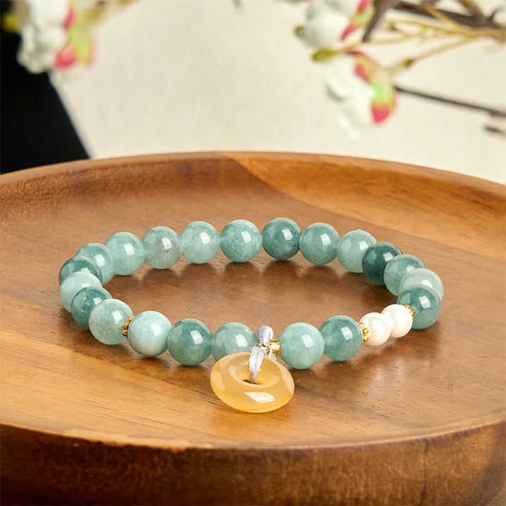 Bransoletka z perełkami i Buddha Stones w kolorze niebieskim z jadeitu i klamrą pokoju