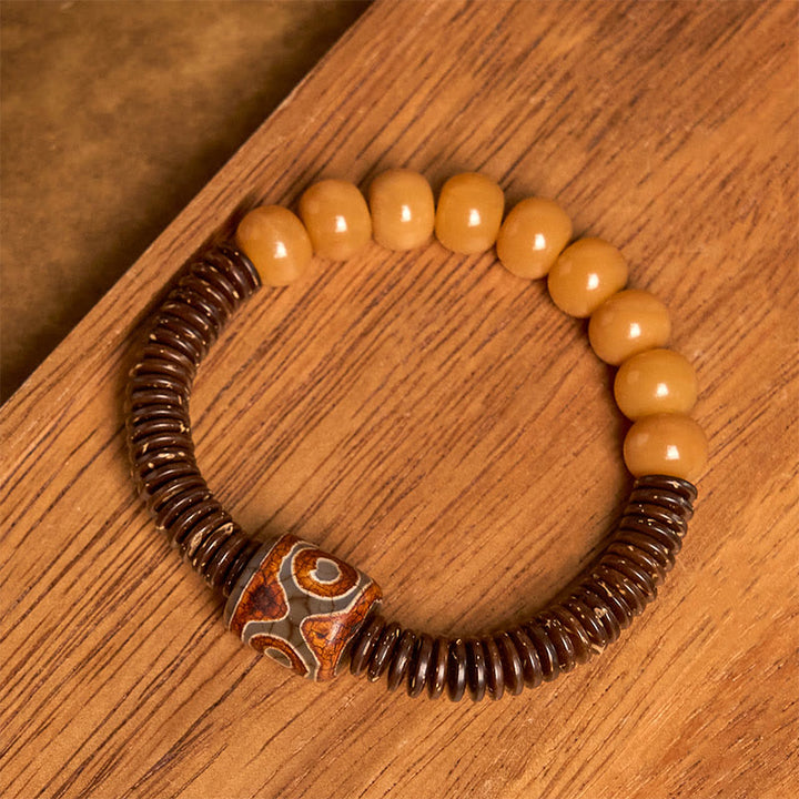 Bransoletka mądrości z tybetańskich Buddha Stones z nasionami bodhi i koralikami Dzi z łupin kokosa