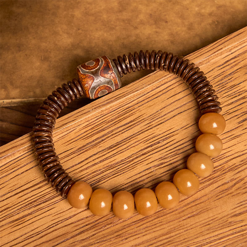Bransoletka mądrości z tybetańskich Buddha Stones z nasionami bodhi i koralikami Dzi z łupin kokosa