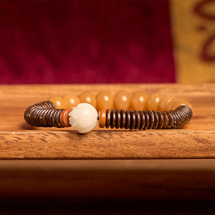Bransoletka mądrości z tybetańskich Buddha Stones z nasionami bodhi i koralikami Dzi z łupin kokosa