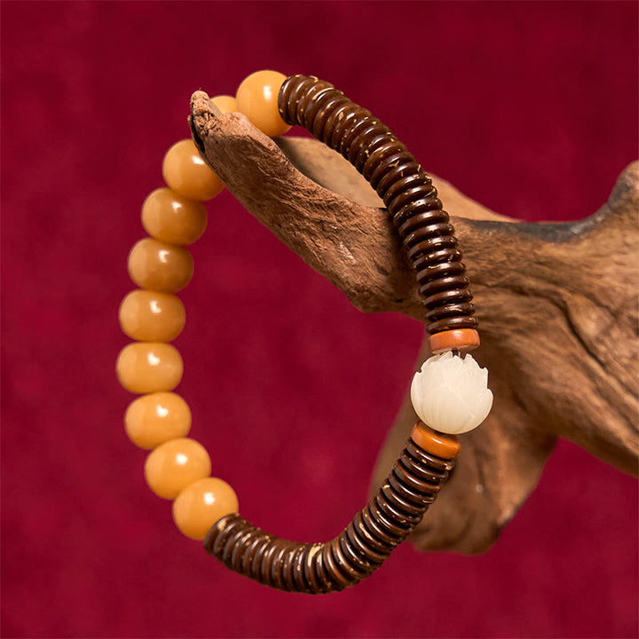 Bransoletka mądrości z tybetańskich Buddha Stones z nasionami bodhi i koralikami Dzi z łupin kokosa