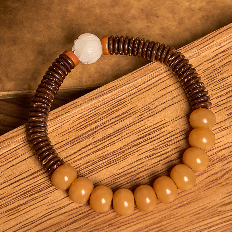 Bransoletka mądrości z tybetańskich Buddha Stones z nasionami bodhi i koralikami Dzi z łupin kokosa