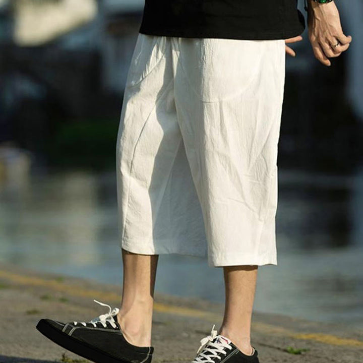 Spodnie męskie lniane z bawełny i kieszeniami, długość 7-8, z nadrukiem Buddha Stones, letnie, proste, plisowane, ze ściągaczem - image 27