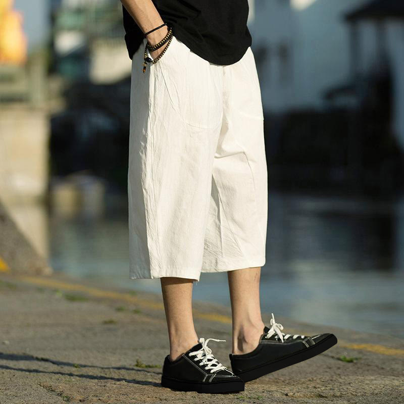 Spodnie męskie lniane z bawełny i kieszeniami, długość 7-8, z nadrukiem Buddha Stones, letnie, proste, plisowane, ze ściągaczem - image 28