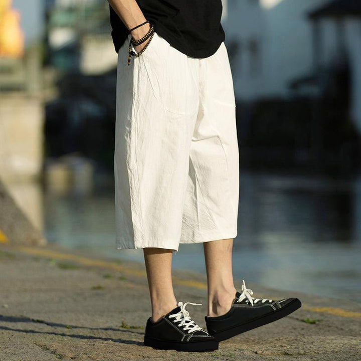 Spodnie męskie lniane z bawełny i kieszeniami, długość 7-8, z nadrukiem Buddha Stones, letnie, proste, plisowane, ze ściągaczem - image 28