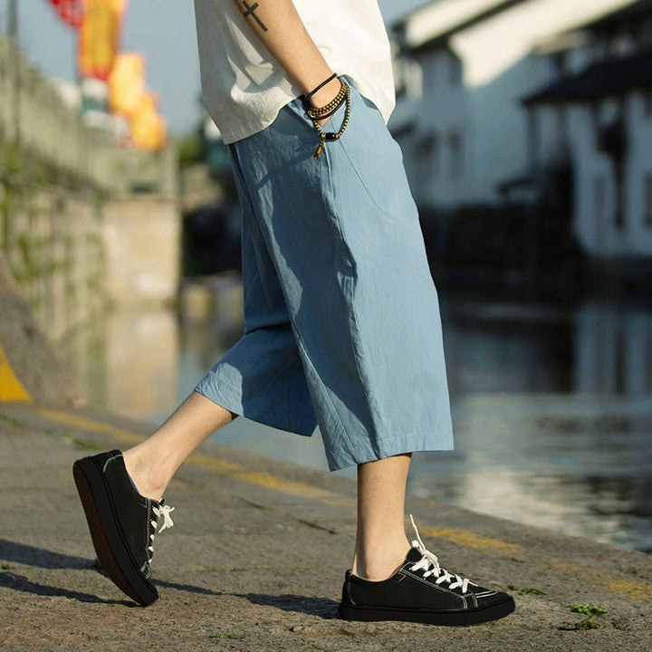 Spodnie męskie lniane z bawełny i kieszeniami, długość 7-8, z nadrukiem Buddha Stones, letnie, proste, plisowane, ze ściągaczem - image 31