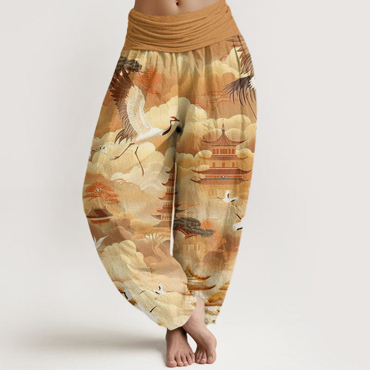 Buddha Stones Spodnie haremki damskie w swobodne wzory z żurawiami i chmurami w pagody - Nawłoć - US22, UK/AU26, EU54 (6XL) - image 8