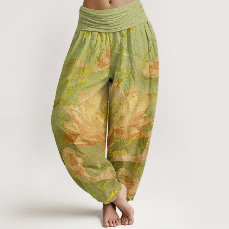 Spodnie haremowe damskie z bawełny z motywem kwiatów lotosu i rybki koi z motywem Buddha Stones - Zielonożółty - US22, UK/AU26, EU54 (6XL) - image 7