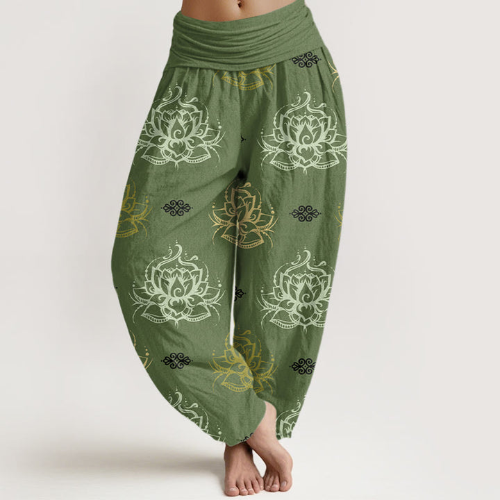 Buddha Stones Luźne spodnie haremki damskie w różnych kolorach z motywem kwiatów lotosu - Oliwkowy - US22, UK/AU26, EU54 (6XL) - image 5