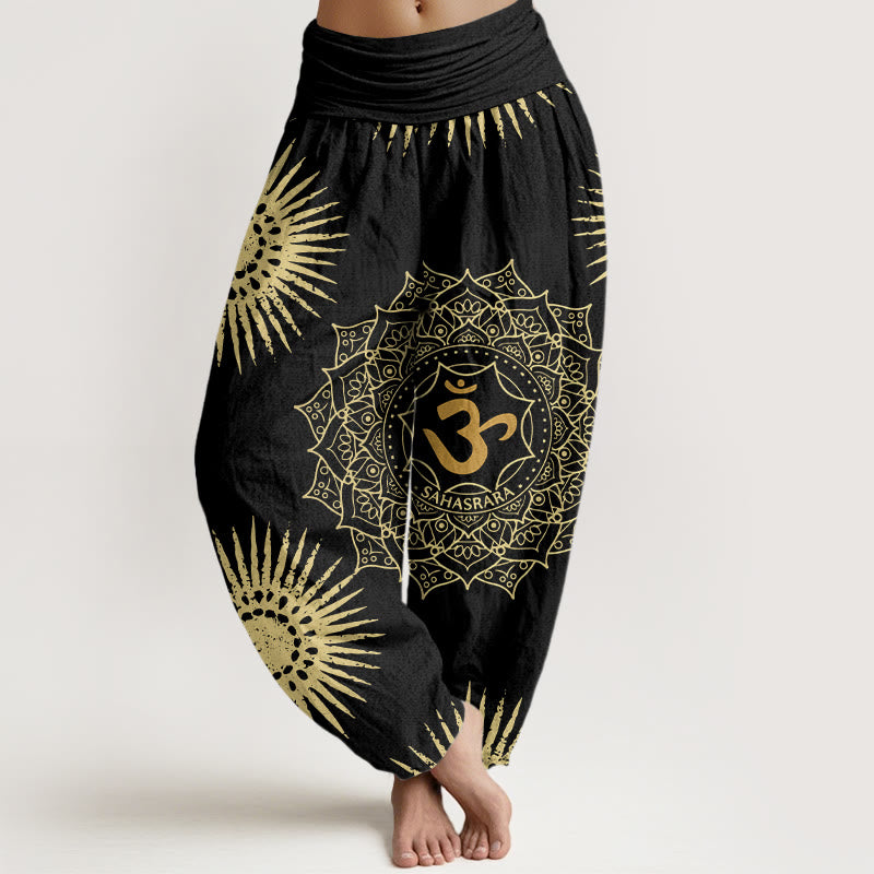 Spodnie harem damskie z bawełny z motywem mandali i symbolem Om w stylu casual z Buddha Stones - Czarny - US22, UK/AU26, EU54 (6XL) - image 0