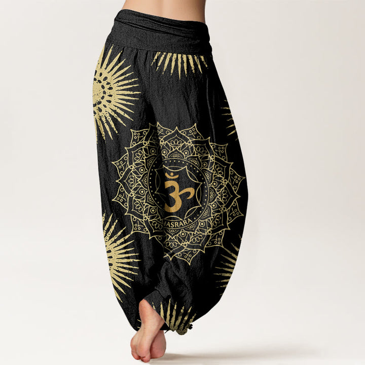 Spodnie harem damskie z bawełny z motywem mandali i symbolem Om w stylu casual z Buddha Stones - image 1