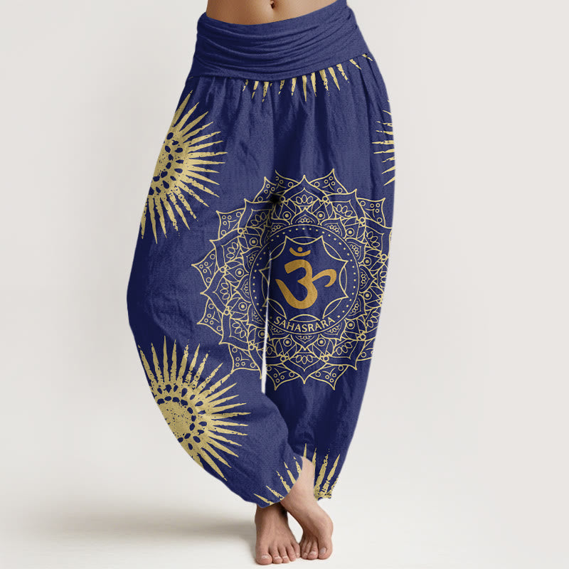 Spodnie harem damskie z bawełny z motywem mandali i symbolem Om w stylu casual z Buddha Stones - Ciemnoniebieski - US22, UK/AU26, EU54 (6XL) - image 4