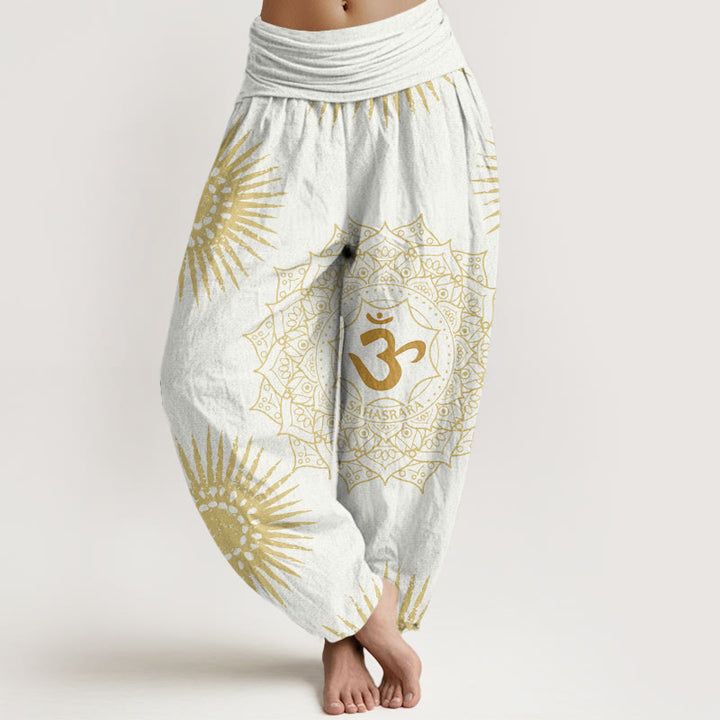 Spodnie harem damskie z bawełny z motywem mandali i symbolem Om w stylu casual z Buddha Stones - Biały - US22, UK/AU26, EU54 (6XL) - image 7