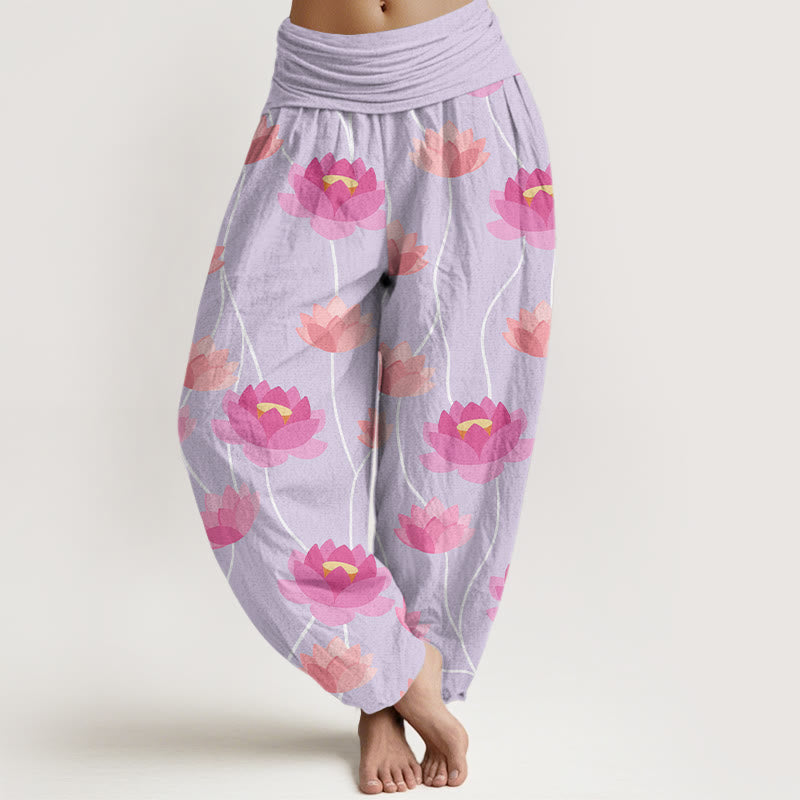 Spodnie haremki damskie w swobodnym stylu z motywem kwiatów lotosu i Buddha Stones - Lawenda - US22, UK/AU26, EU54 (6XL) - image 1