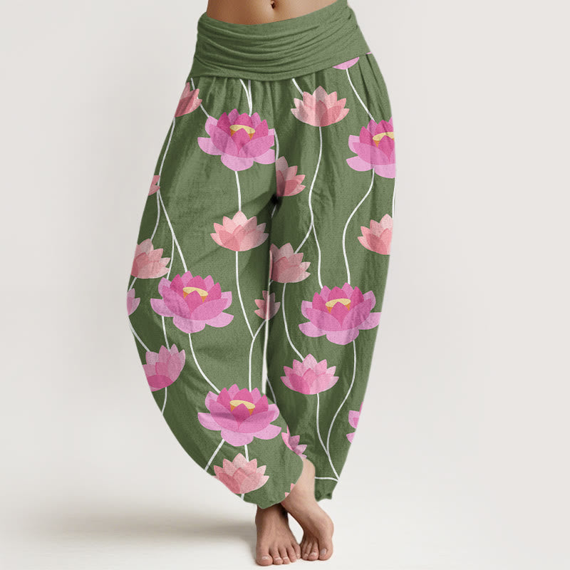 Spodnie haremki damskie w swobodnym stylu z motywem kwiatów lotosu i Buddha Stones - ForestGreen - US22, UK/AU26, EU54 (6XL) - image 5