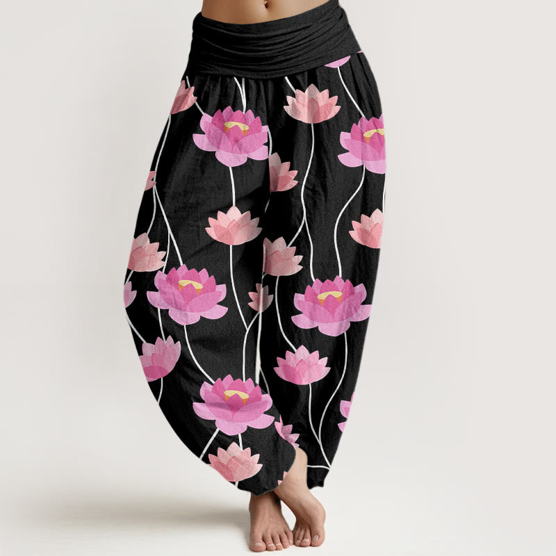 Spodnie haremki damskie w swobodnym stylu z motywem kwiatów lotosu i Buddha Stones - Czarny - US22, UK/AU26, EU54 (6XL) - image 8