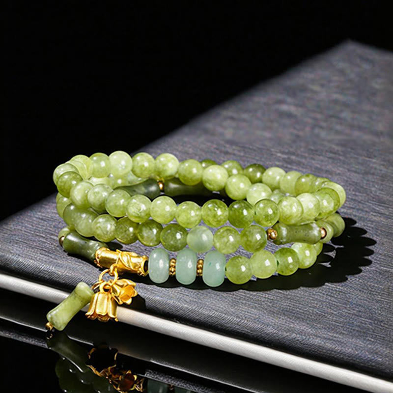 Bransoletka wzmacniająca z Buddha Stones w stylu retro, wielowarstwowa, z konwalii, bambusa i zielonego chalcedonu - image 2