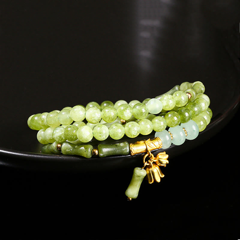 Bransoletka wzmacniająca z Buddha Stones w stylu retro, wielowarstwowa, z konwalii, bambusa i zielonego chalcedonu - Zielony chalcedon (obwód nadgarstka: 14,5-15 cm) - image 1