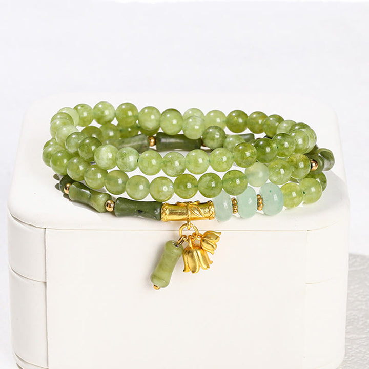 Bransoletka wzmacniająca z Buddha Stones w stylu retro, wielowarstwowa, z konwalii, bambusa i zielonego chalcedonu - image 3