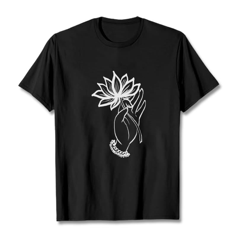 Koszulka z bawełny z motywem kwiatów lotosu i kamieniami Buddha Stones - Czarny - 2XL - image 1