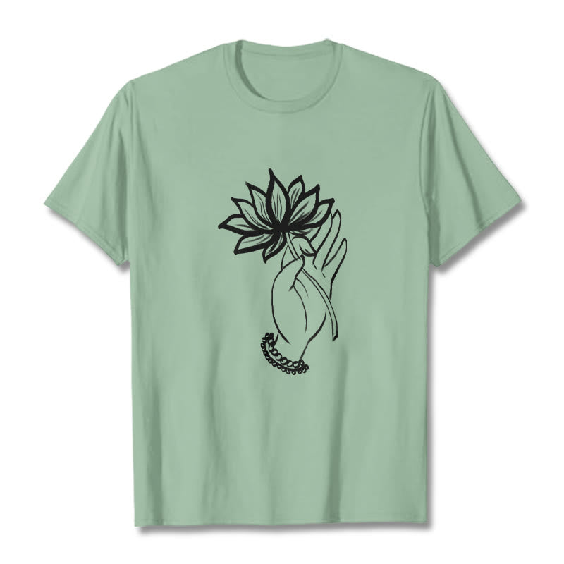 Koszulka z bawełny z motywem kwiatów lotosu i kamieniami Buddha Stones - PaleGreen - 2XL - image 15