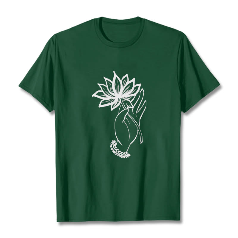 Koszulka z bawełny z motywem kwiatów lotosu i kamieniami Buddha Stones - ForestGreen - 2XL - image 11