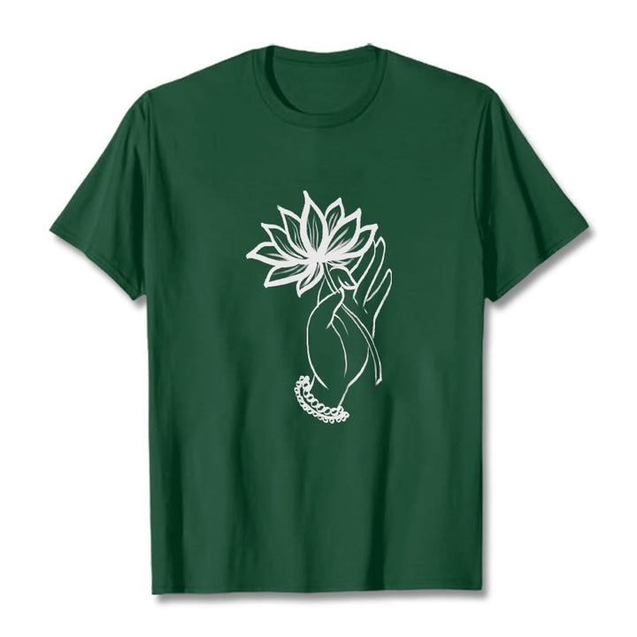 Koszulka z bawełny z motywem kwiatów lotosu i kamieniami Buddha Stones - ForestGreen - 2XL - image 11