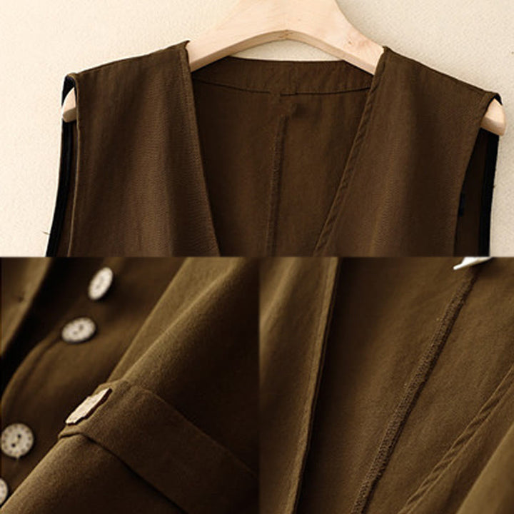 Kamizelka damska z bawełny bez rękawów z kieszeniami i guzikami z przodu w jednolitym kolorze z Buddha Stones - image 12