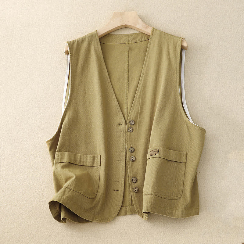 Kamizelka damska z bawełny bez rękawów z kieszeniami i guzikami z przodu w jednolitym kolorze z Buddha Stones - Khaki - US8-10，UK/AU12-14，EU40-42 (2XL) - image 0