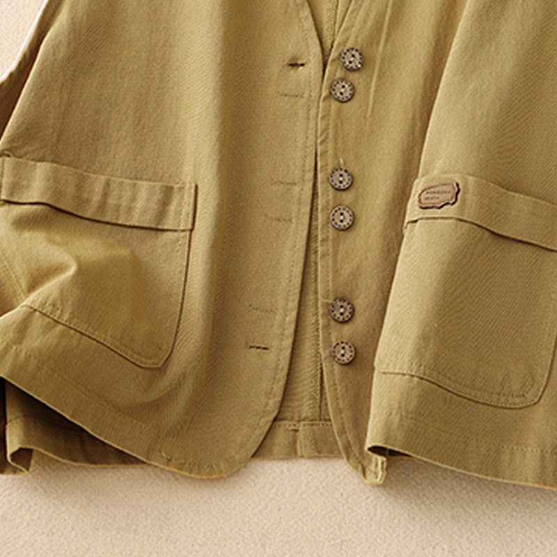 Kamizelka damska z bawełny bez rękawów z kieszeniami i guzikami z przodu w jednolitym kolorze z Buddha Stones - image 8