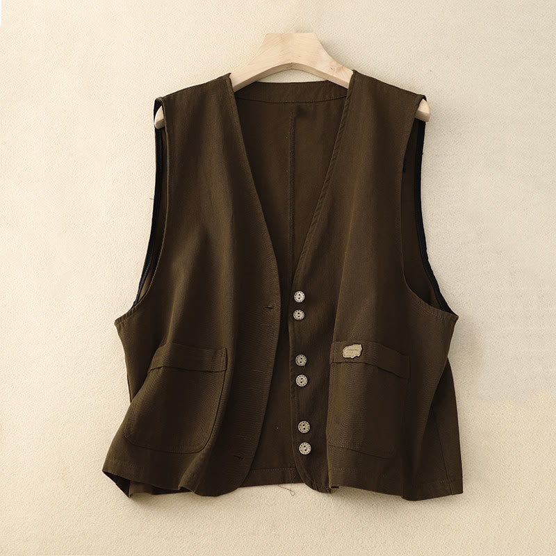 Kamizelka damska z bawełny bez rękawów z kieszeniami i guzikami z przodu w jednolitym kolorze z Buddha Stones - SaddleBrown - US8-10，UK/AU12-14，EU40-42 (2XL) - image 8