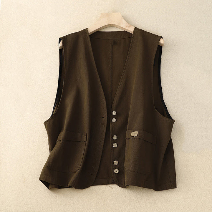 Kamizelka damska z bawełny bez rękawów z kieszeniami i guzikami z przodu w jednolitym kolorze z Buddha Stones - SaddleBrown - US8-10，UK/AU12-14，EU40-42 (2XL) - image 8