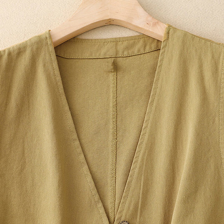 Kamizelka damska z bawełny bez rękawów z kieszeniami i guzikami z przodu w jednolitym kolorze z Buddha Stones - image 2