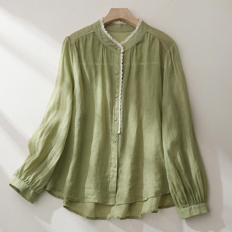 Koszula damska z bawełny i lnu z długim rękawem w kształcie latarni w kolorze Buddha Stones - Żółtozielony - US14, UK/AU18, EU46 (2XL) - image 0