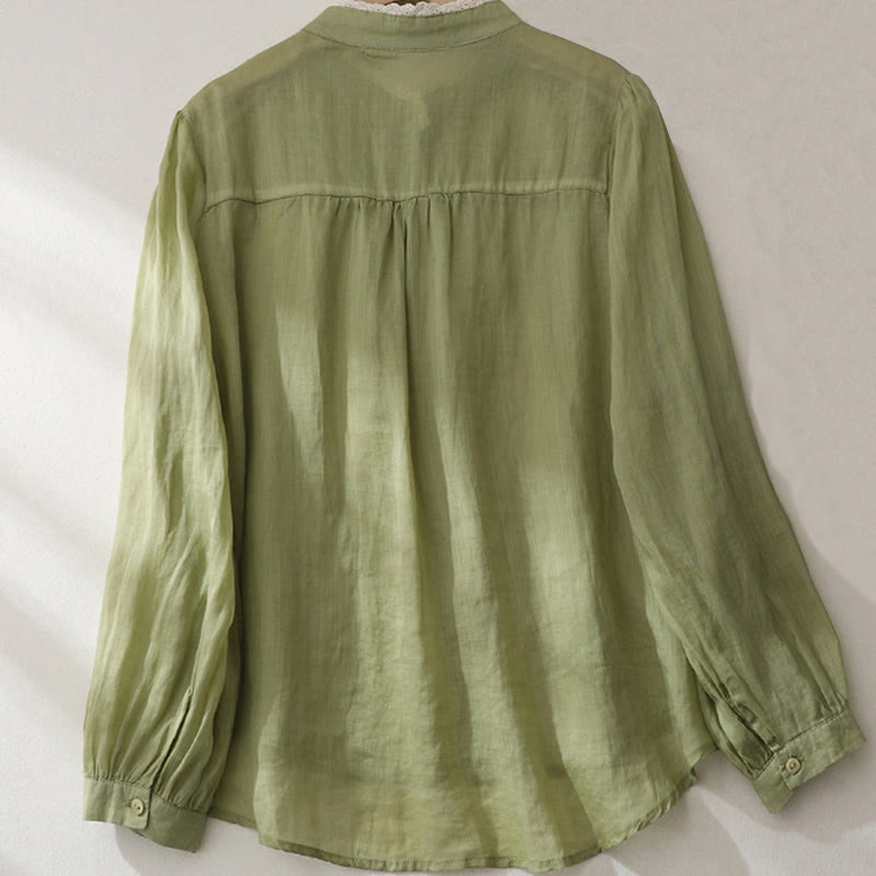 Koszula damska z bawełny i lnu z długim rękawem w kształcie latarni w kolorze Buddha Stones - image 2