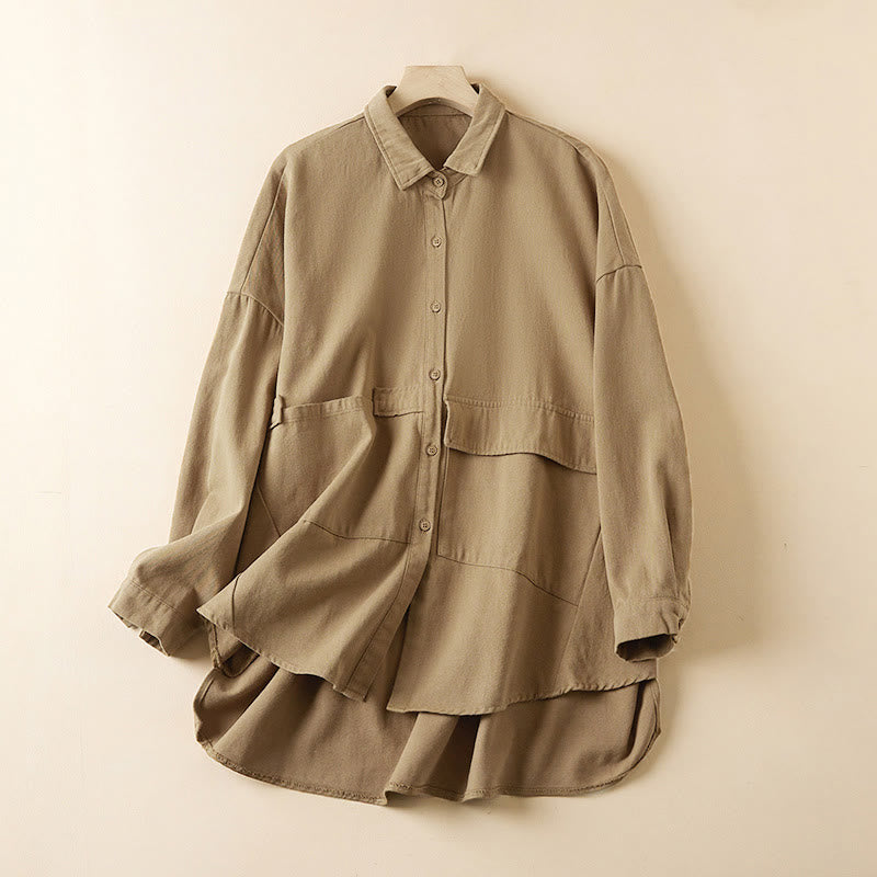 Kurtka damska z długim rękawem z bawełny i lnu z kieszeniami i nieregularnym wzorem "Buddha Stones" - Khaki - US14, UK/AU18, EU46 (2XL) - image 0
