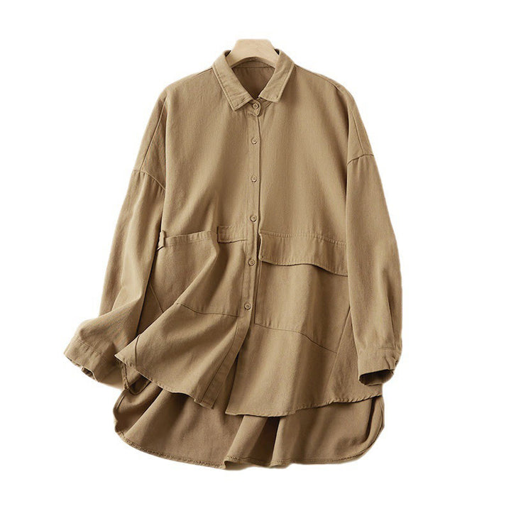 Kurtka damska z długim rękawem z bawełny i lnu z kieszeniami i nieregularnym wzorem "Buddha Stones" - image 9