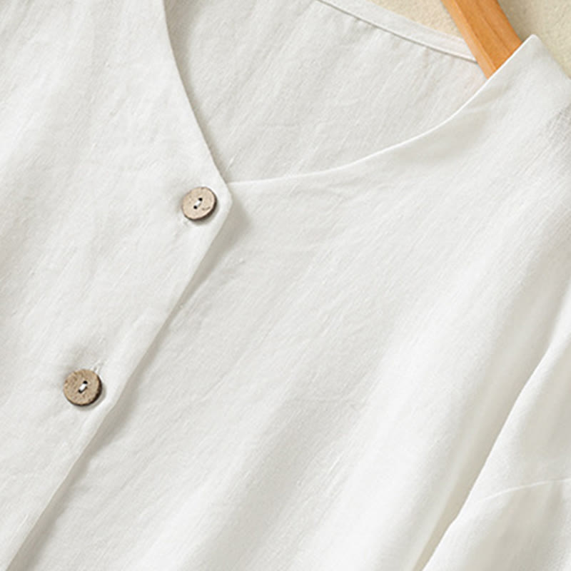 Koszula damska z bawełny i lnu z dekoltem w serek i długim rękawem w kwiaty z motywem kamieni Buddha Stones - image 13