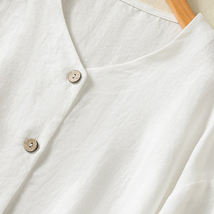 Koszula damska z bawełny i lnu z dekoltem w serek i długim rękawem w kwiaty z motywem kamieni Buddha Stones - image 13