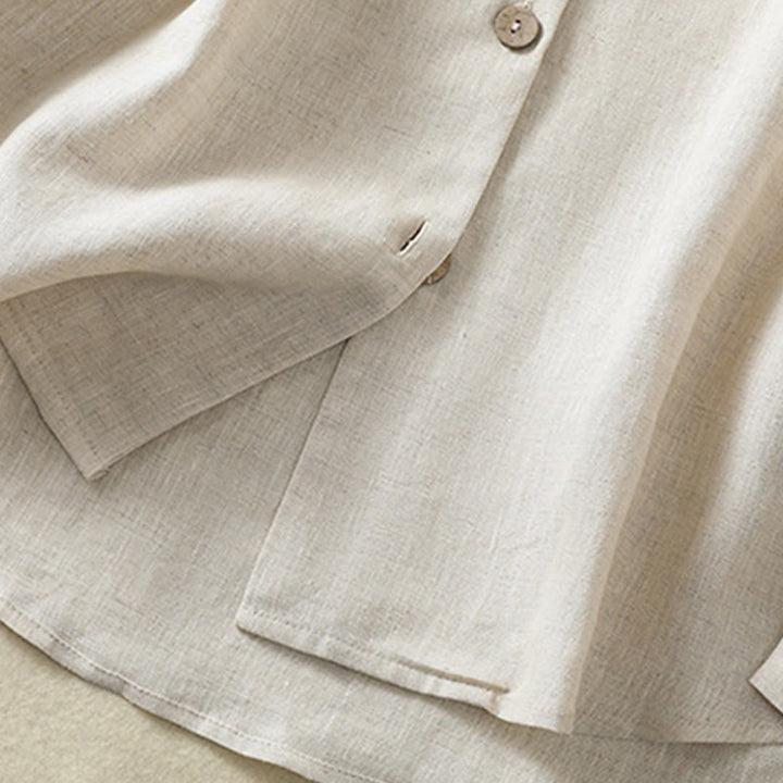 Koszula damska z bawełny i lnu z dekoltem w serek i długim rękawem w kwiaty z motywem kamieni Buddha Stones - image 7