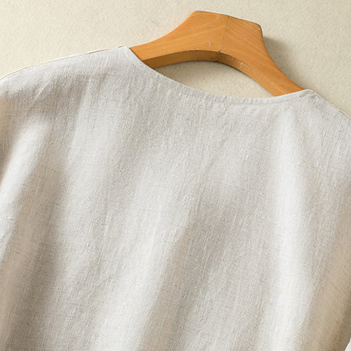 Koszula damska z bawełny i lnu z dekoltem w serek i długim rękawem w kwiaty z motywem kamieni Buddha Stones - image 5