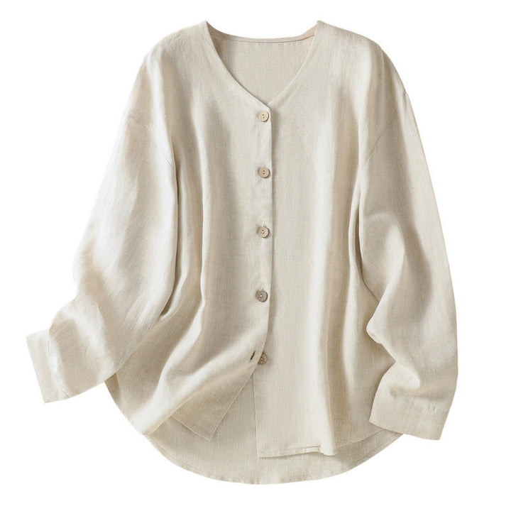 Koszula damska z bawełny i lnu z dekoltem w serek i długim rękawem w kwiaty z motywem kamieni Buddha Stones - image 9