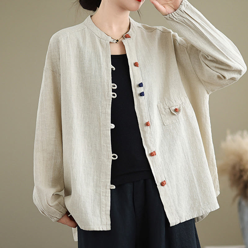 Koszula damska z długim rękawem z bawełny i lnu z kolorowymi guzikami i Buddha Stones - Beżowy - US14, UK/AU18, EU46 (2XL) - image 1