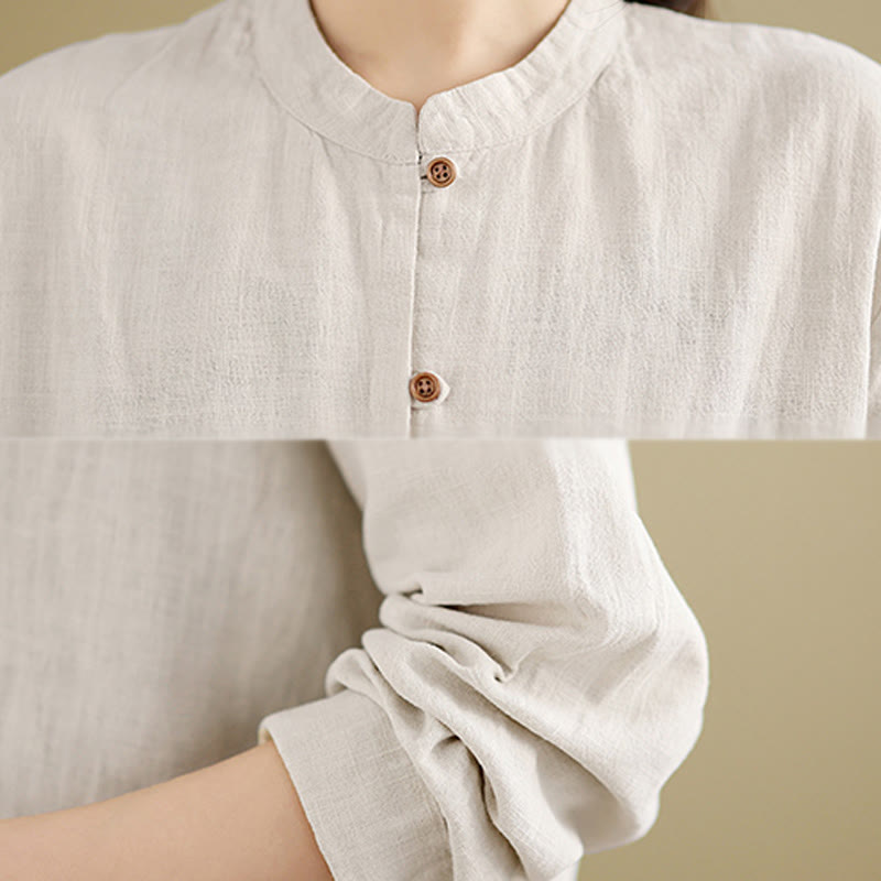 Koszula damska z długim rękawem z bawełny i lnu w jednolitym kolorze z Buddha Stones i guzikami z przodu - image 7