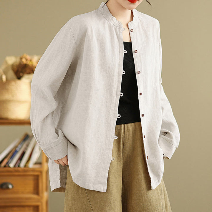 Koszula damska z długim rękawem z bawełny i lnu w jednolitym kolorze z Buddha Stones i guzikami z przodu - Bielizna - US14, UK/AU18, EU46 (2XL) - image 1